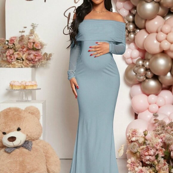 Baby Blue Elegant Women's Maternity Foldover Off Shoulder Mermaid Hem Dress - Picture 4 of 7